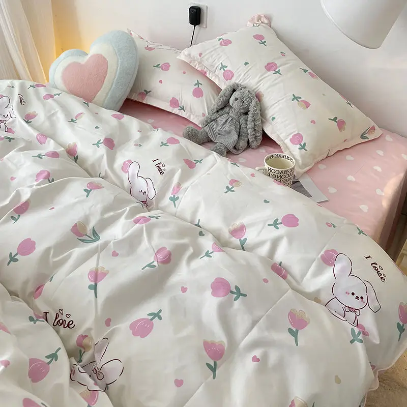 

Ins Floral Duvet Cover Set with Pillowcases Flat Sheet New Pink Rabbit Adult Kids Queen Single Szie Home Decoration Bed Linens