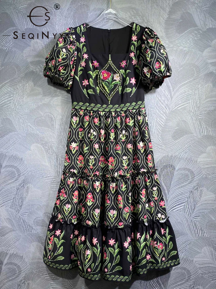 

SEQINYY Elegant Midi Dress Summer Spring New Fashion Puff Sleeve Vintage Flower Print Beading High Street A-Line Casual