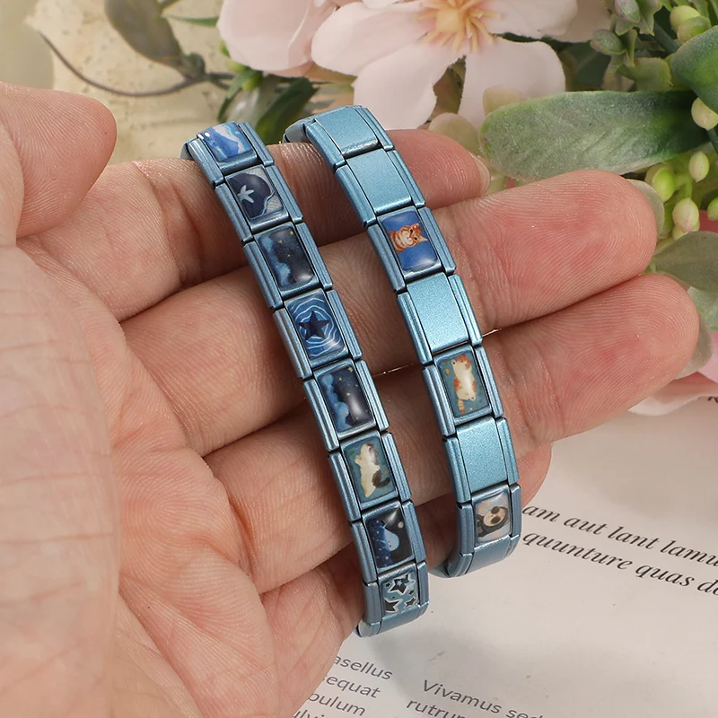 Creative Y2K Blue Series Charm Cloud Star Starfish Whale Cat Flowers Italian Links Fit 9MM Stainless Steel Bracelet DIY Making