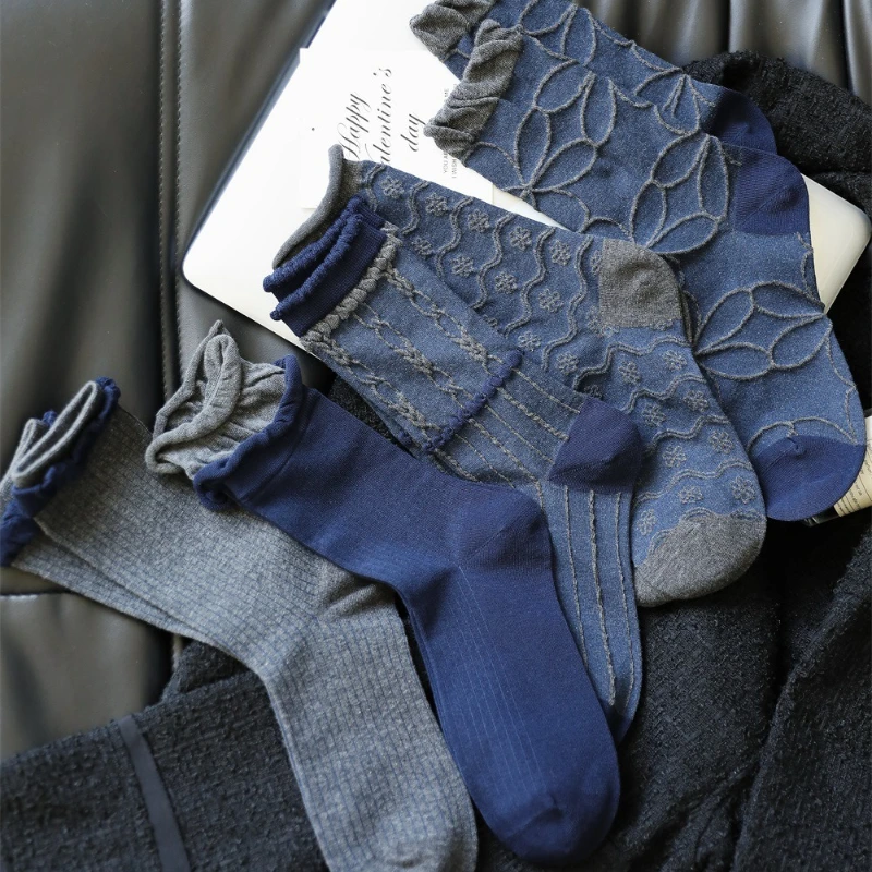 2026 New Blue Socks Women Retro Flower Embossment Cotton Long Socks Autumn and Winter Fashion Harajuku Vintage Medium Tube Socks