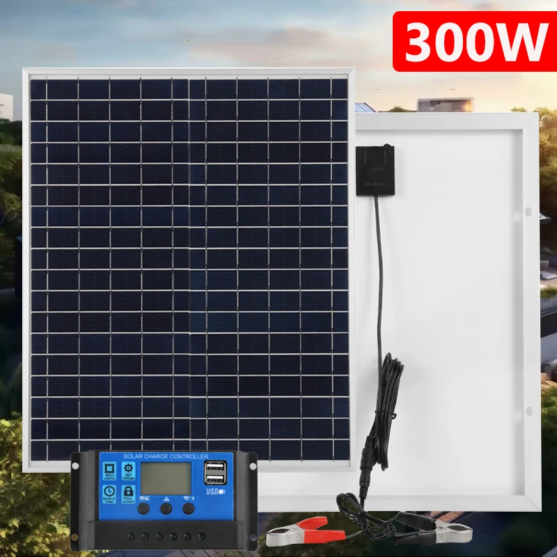 

300W Solar Panel Kit Complete Aluminum Frame Polycrystalline Solar Cell with DC Interface Portable Outdoor Emergency Charging