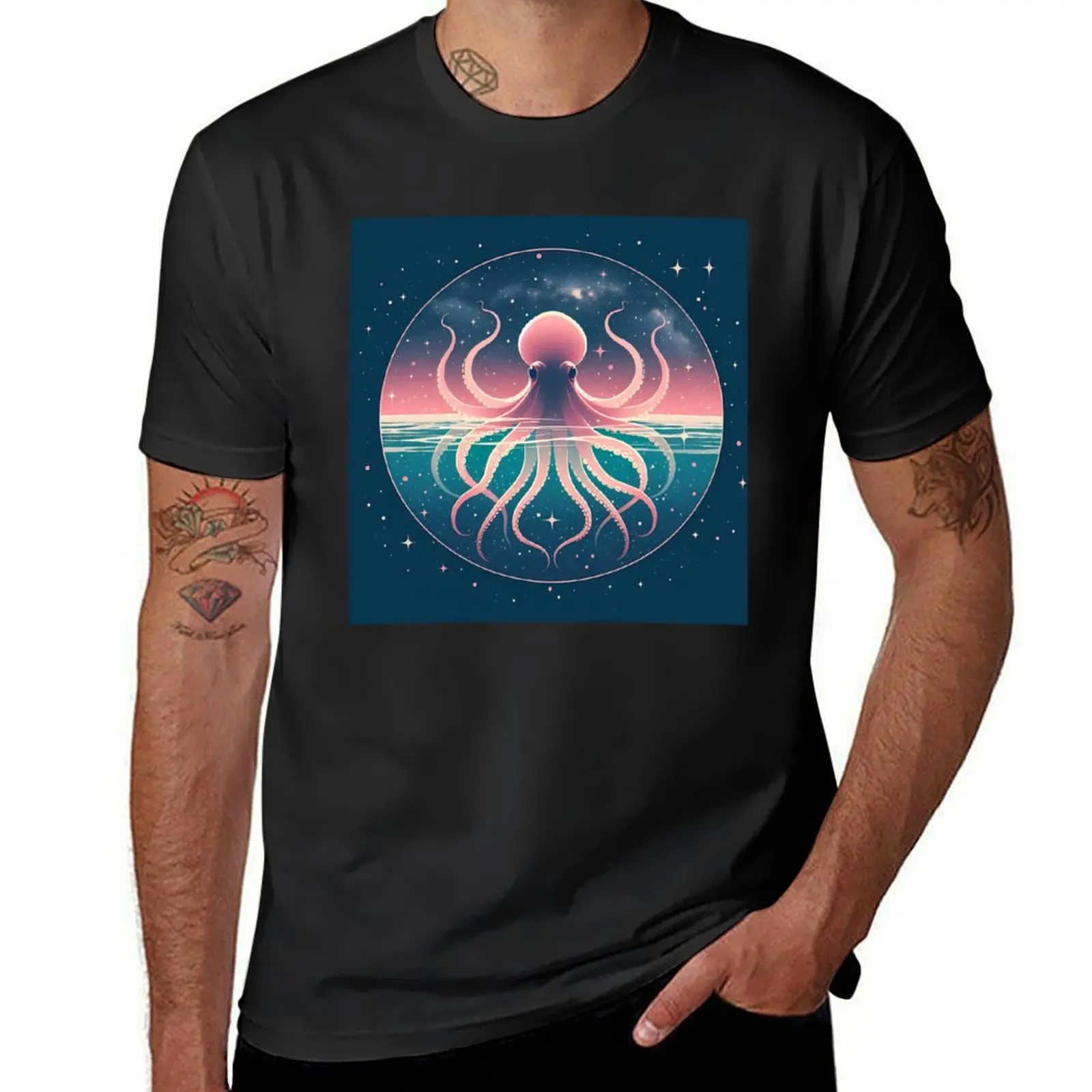 Translucent Octopus in a Starlit Galaxy T-Shirt graphics anime clothes korean fashion mens cotton t shirts