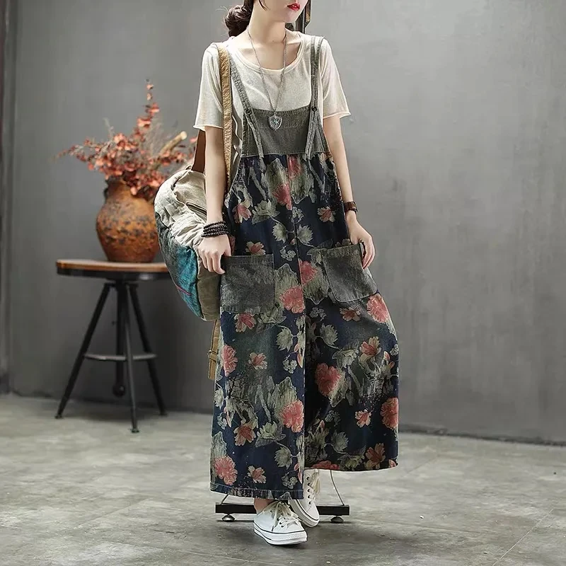 

Summer Jumpsuits Loose Casual Rompers Ladies Retro Print Flower Pocket High Waist Thin Denim Overalls 2023 Macacão Feminino