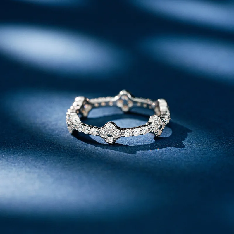 Platinum Pt950 Moissanite Ring For Women, Single-Row Design,Diamond Cluster Setting, Crown-Shaped, Stackable, Minimalist Gift