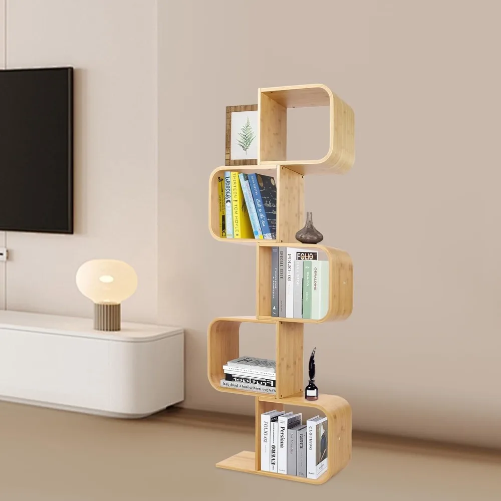 Duży, nowoczesny regał bambusowy - 5-poziomowy regał w kształcie litery S do przestronnego, dekoracyjnego przechowywania