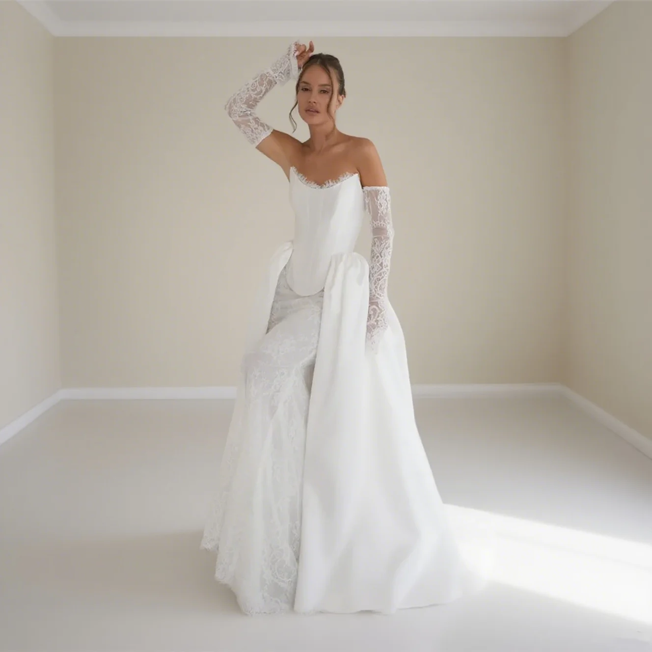 

Customized Boat Neckline Off Shoulder Long Lace Sleeves Satin Wedding Dress Lace-up Back Floor Length Sweep Train Gown For Bride