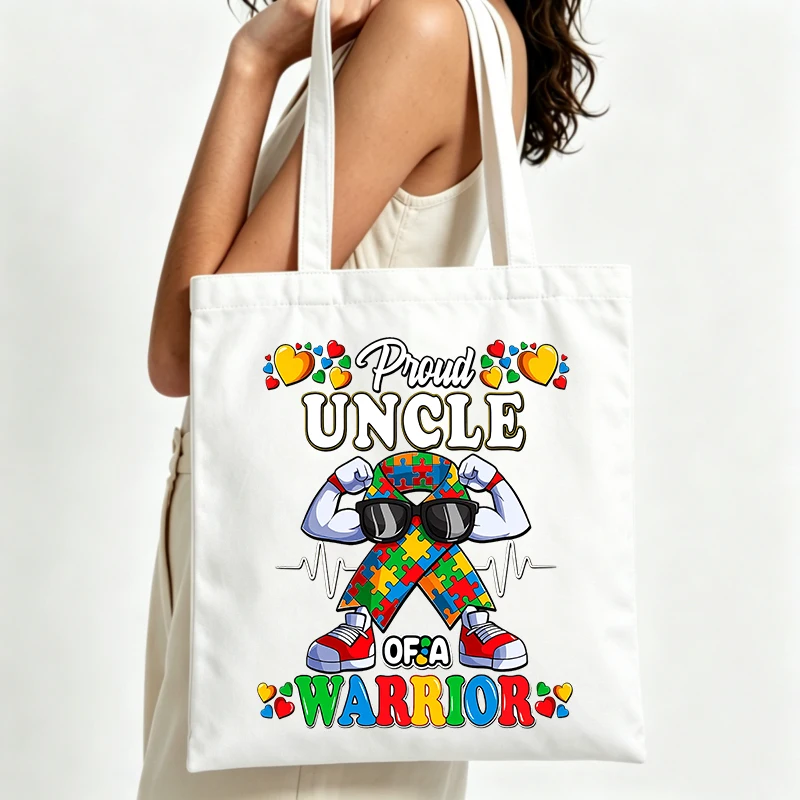 Men's puzzle piece and heart graphic canvas tote bag, casual style for daily use and family outings