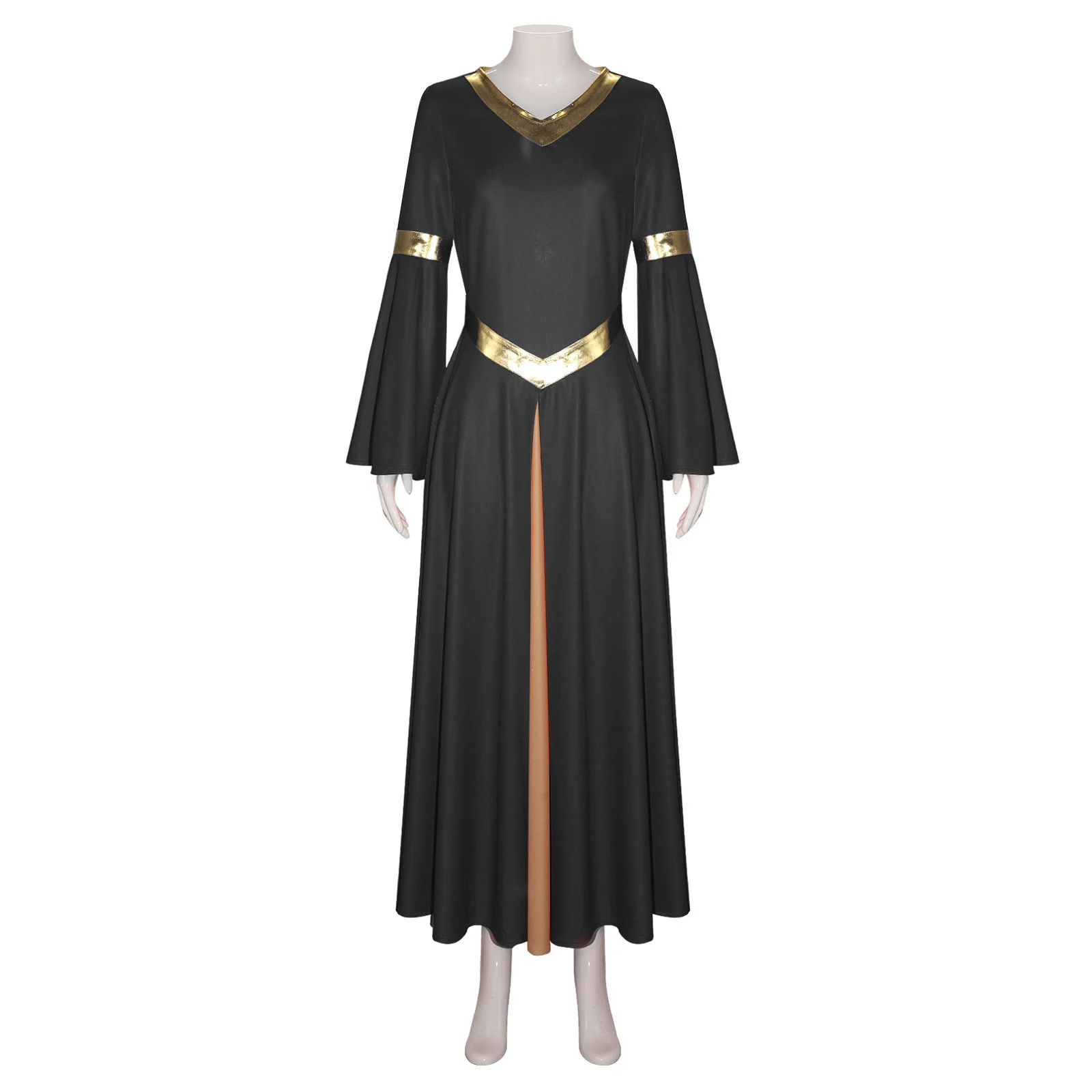 فستان رقص نسائي بأكمام طويلة وياقة على شكل V مع حواف ذهبية، زي أداء مسرحي، تنورة طويلة للكنيسة، زي بثيم الهالوين #1