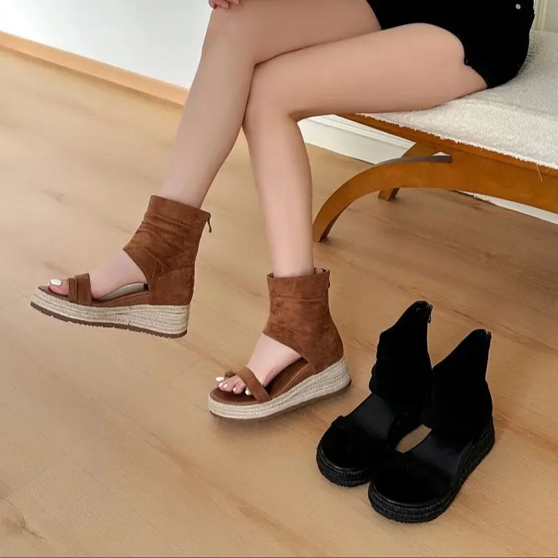 

Brown Sandals Woman Wedges Platform Heels Shoes Black High-top Summer Sandals Boots Back Zipper Ladies Shoes 2026 New Arrival