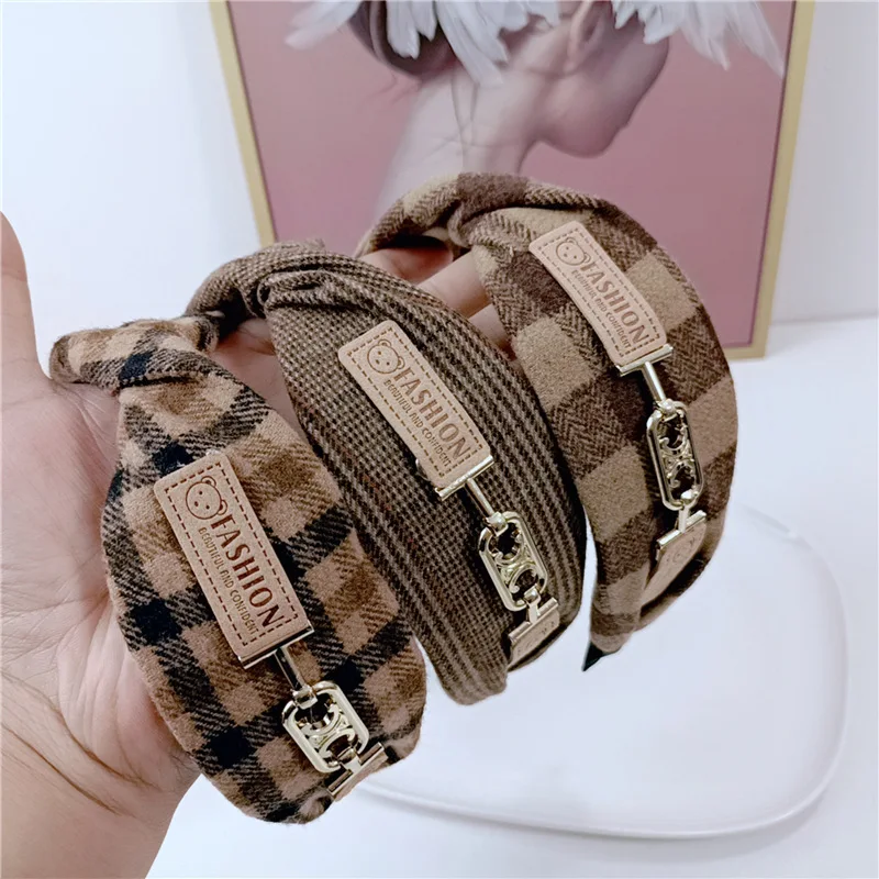 British Bear Plaid Crossed Hair Accessories Headbands For Women High Quality Retro Coffee Brown English Plaid Hair Band Scrunchy