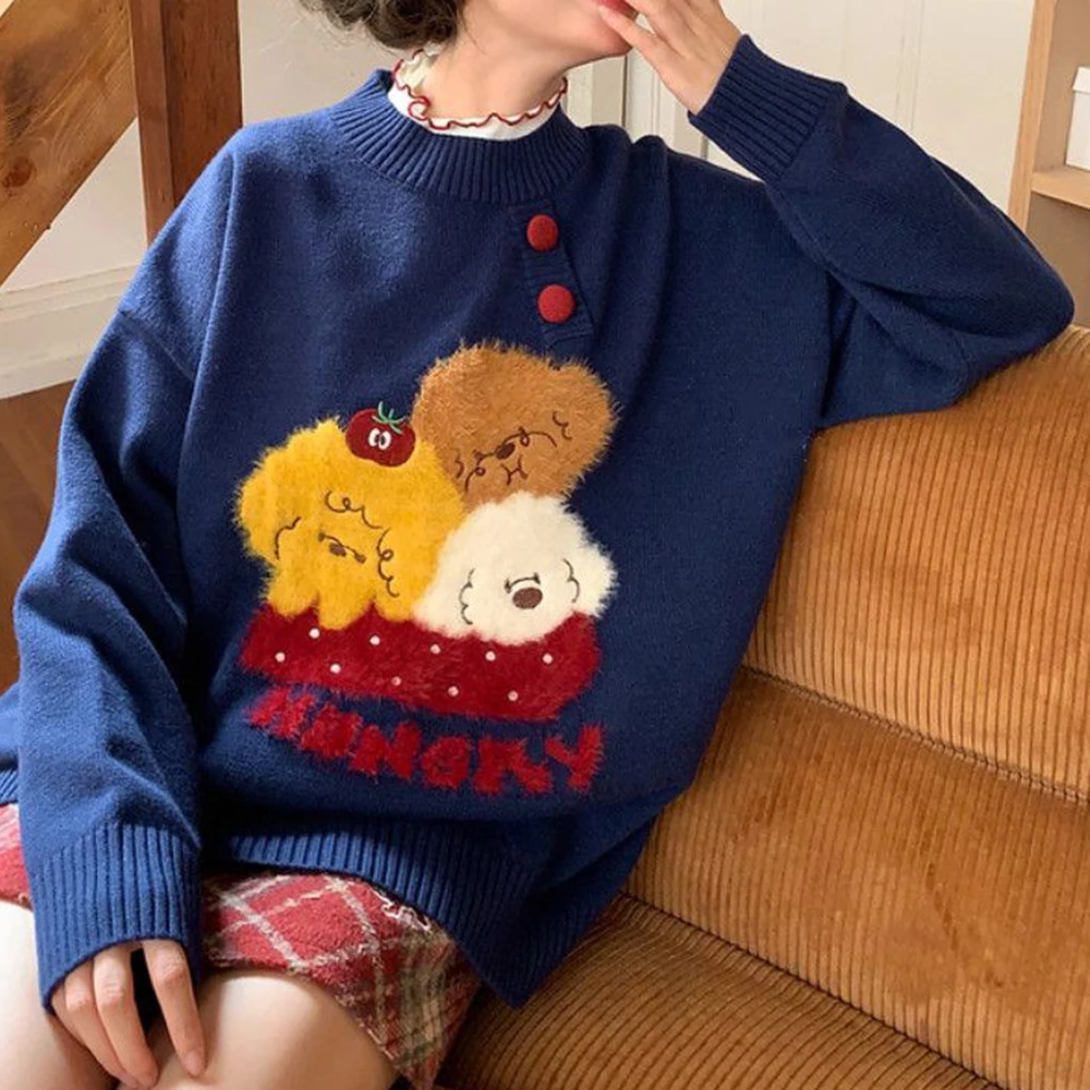Cute puppy embroidered long sleeve sweater for women 2025 new autumn versatile loose top button design