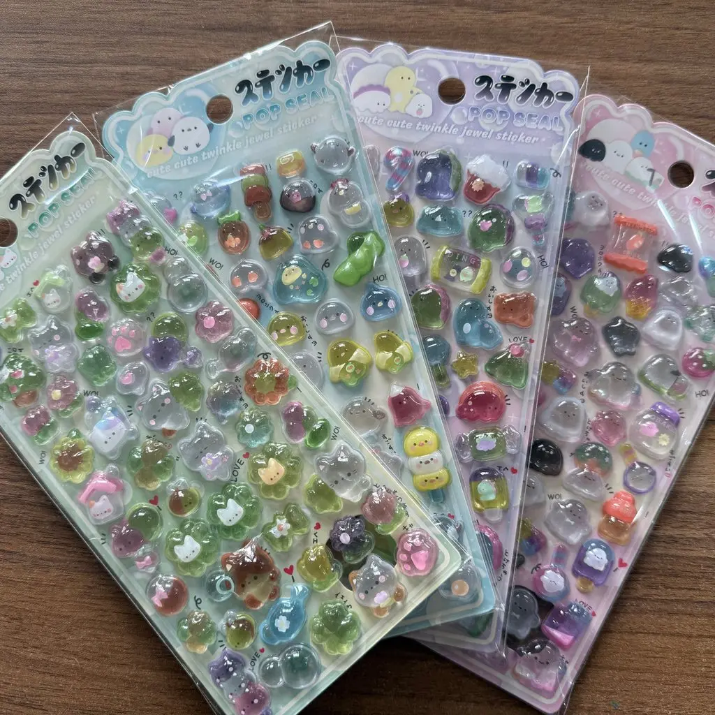 

4Pcs Kawaii Transparent Animal Pop Stickers Glittery Decorative Stickers for Scrapbook Notebook Stationery AnimeWorlds Store