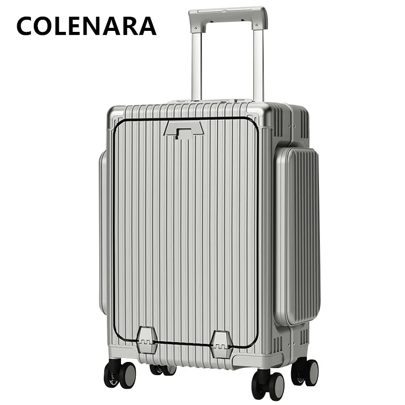 COLENARA USB Charging Suitcase Front Opening Boarding Box Aluminum Frame Trolley Case 20