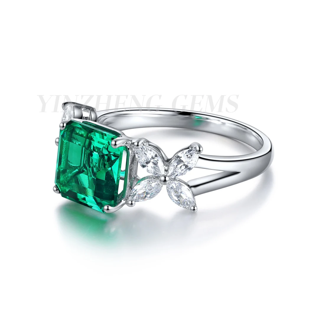 customized  luxury  S925 Silver synthetic lab grown emerald ring  gem diamond Jewelry rings