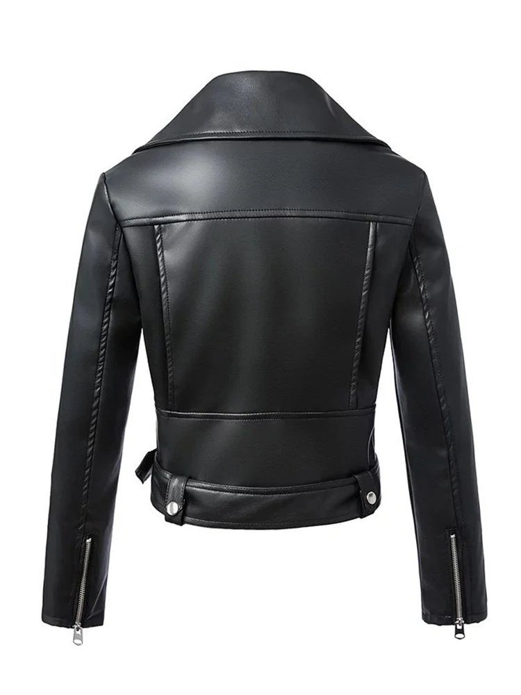 FTLZZ-Blouson en similicuir noir pour femme, veste de motard à col rabattu avec ceinture et fermeture éclair, nouvelle collection automne hiver