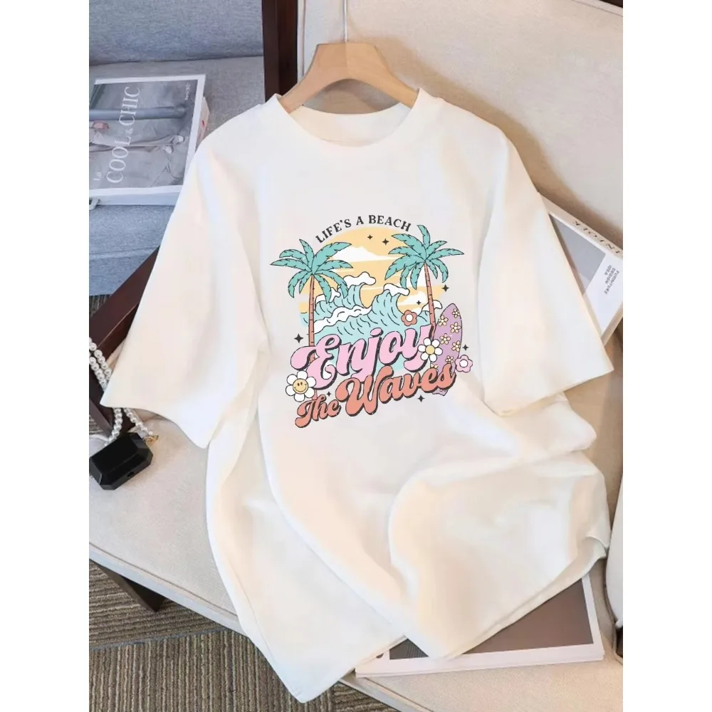 Enjoy The Waves T Shirt Men's Summer Beach Palm Tree Graphic Tees Retro Life's A Beach Letter Print Oversized Tops Y2K Clothes