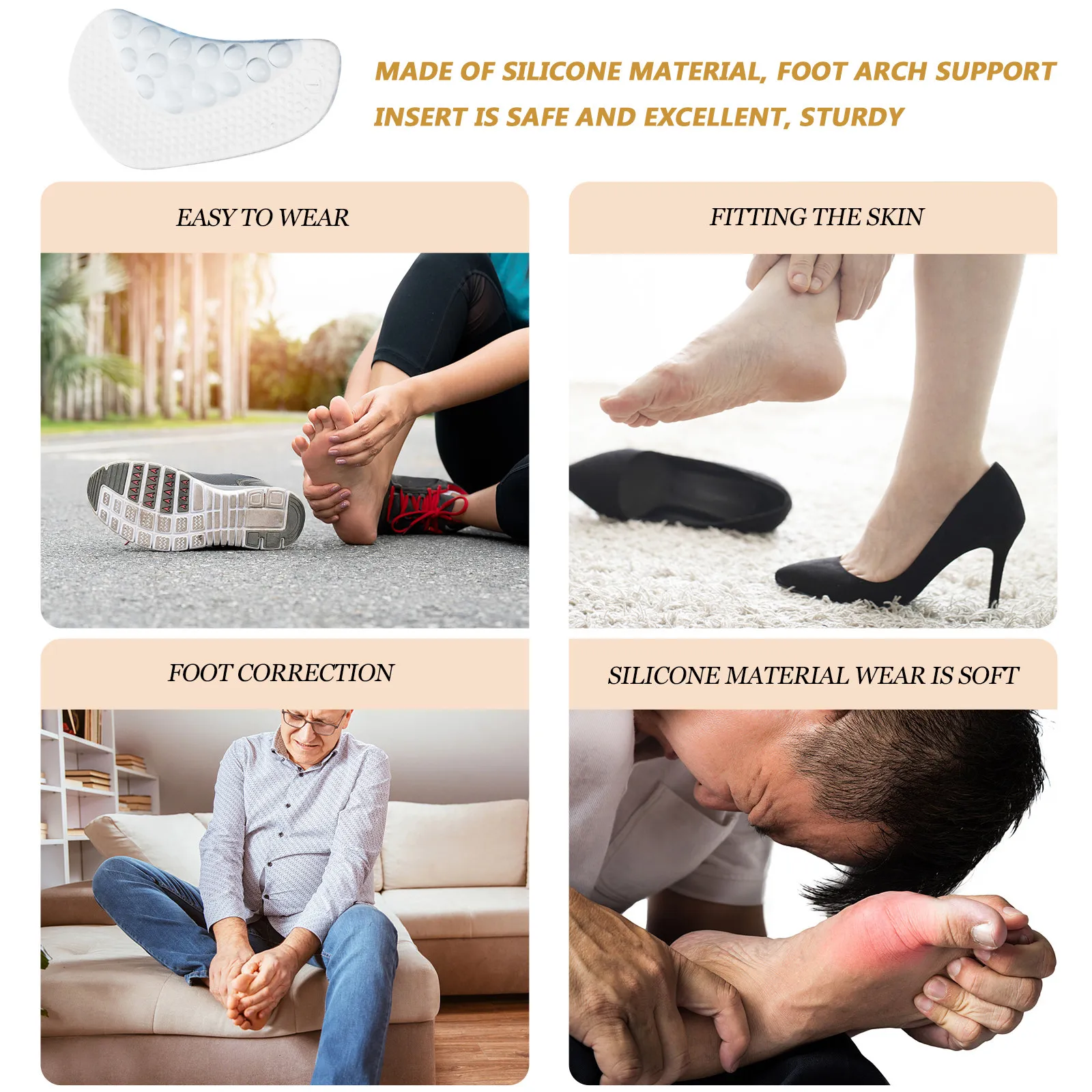

1 пара силиконовых стельок для поддержки свода стопы, самоклеящиеся вкладыши для мужчин и женщин, для снятия усталости, для ежедневного использования в офисе