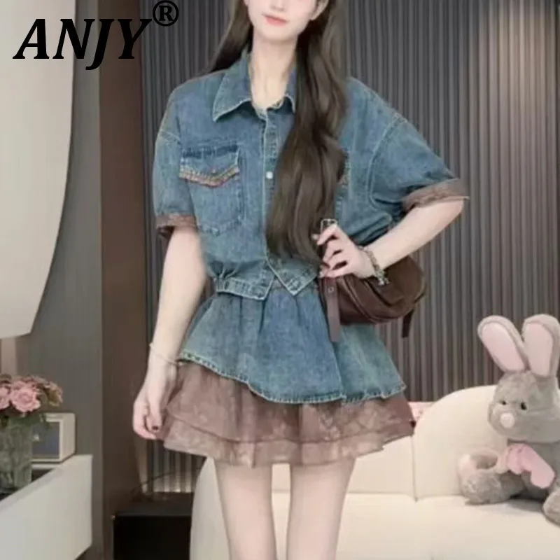 

ANJY Summer New Women Stylish High Street Short Sleeved Single Breasted Tops Chic Denim Patchwork Layed Pleated Mini Skirt A7943