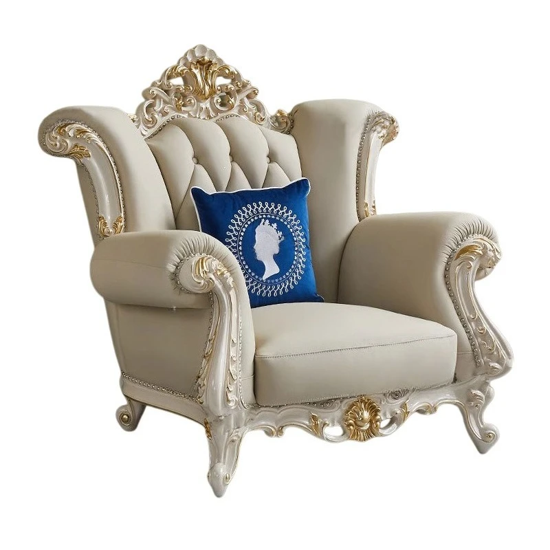 European leather sofa French sofa, large and small apartment living room solid wood carving flower first layer cowhide sofa
