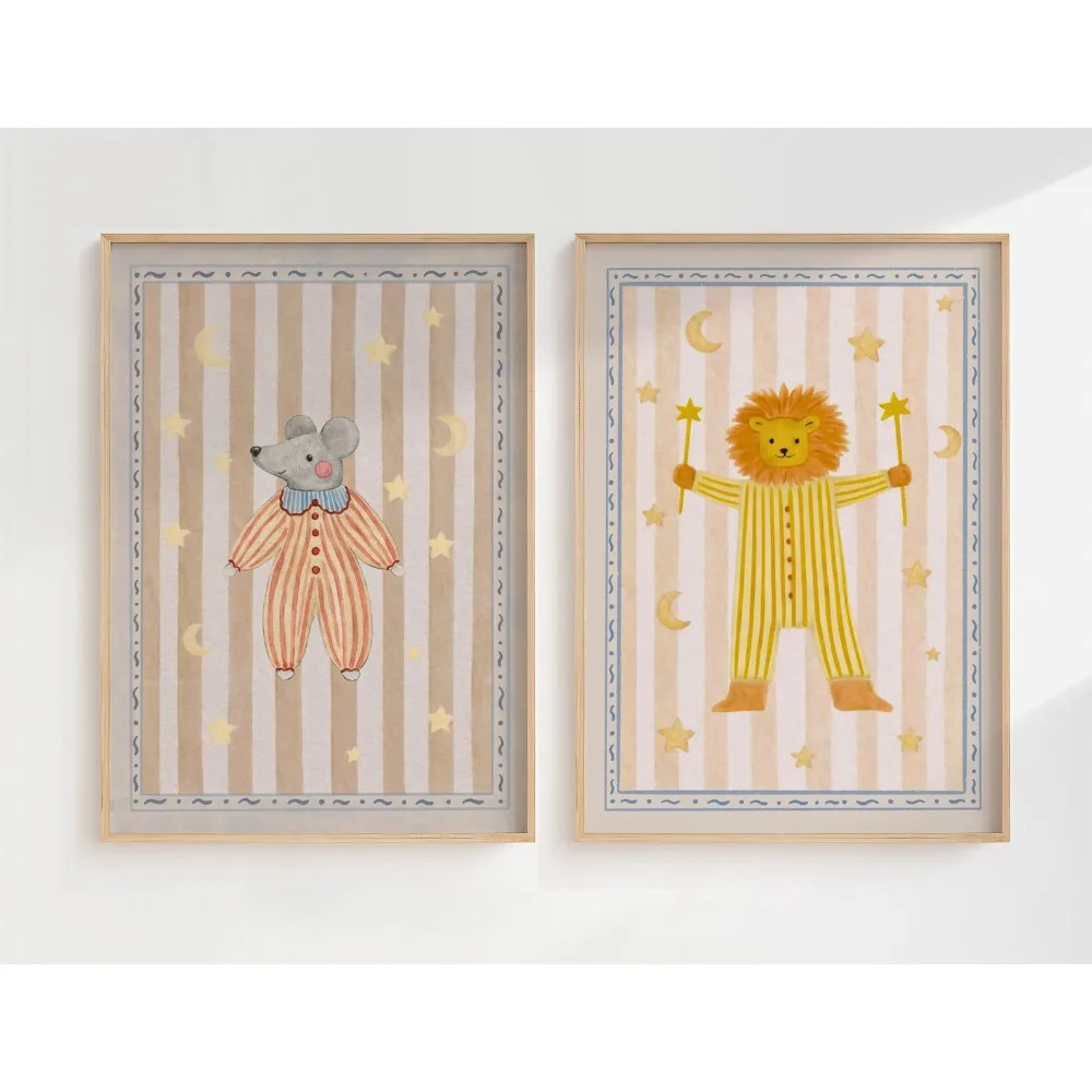 2pcs Frameless,Retro Nursery Prints,Lion and Mouse Wall,Neutral Decor,Whimsical Circus Animals,Beige Nursery Poster Collection - view 3