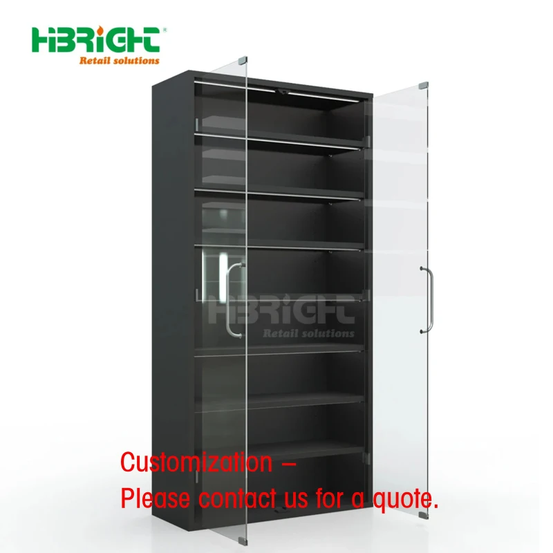 custom.LED Light Wood Plastic Metal Display Rack with Glass Door Locker Pusher Cabinet Light Duty Style