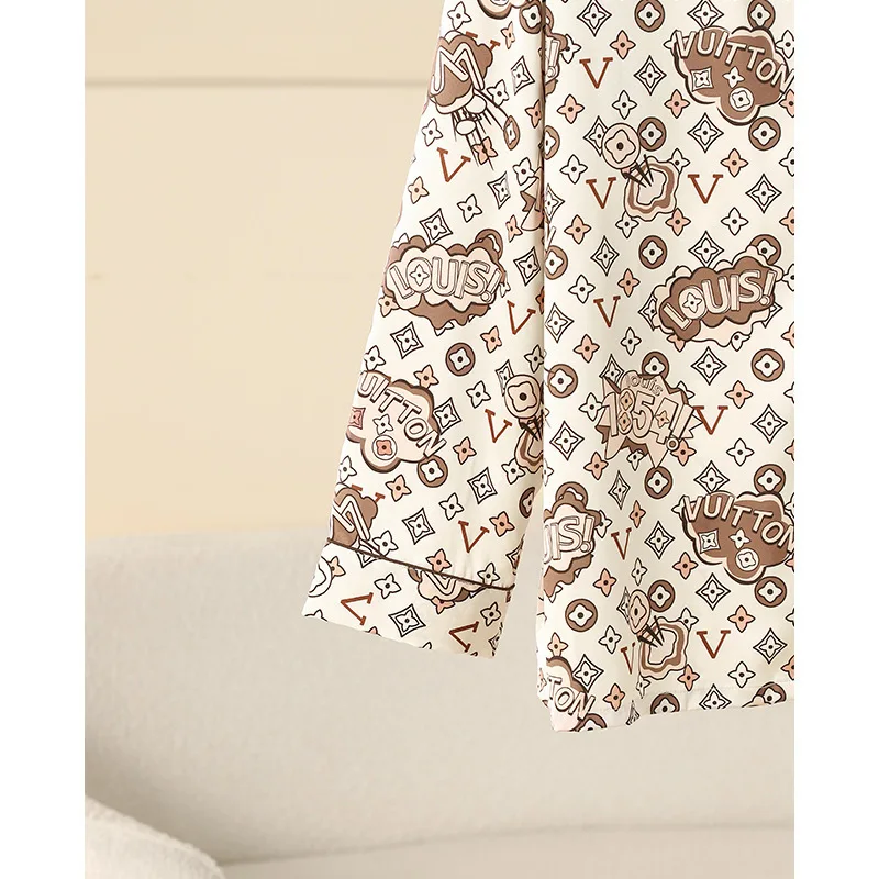 2025 Spring Summer Beige Flower Couple Luxury Ice Silk Two Piece Set Long Sleeve Pants Comfortable Nightgown Sleepwear Pajamasa