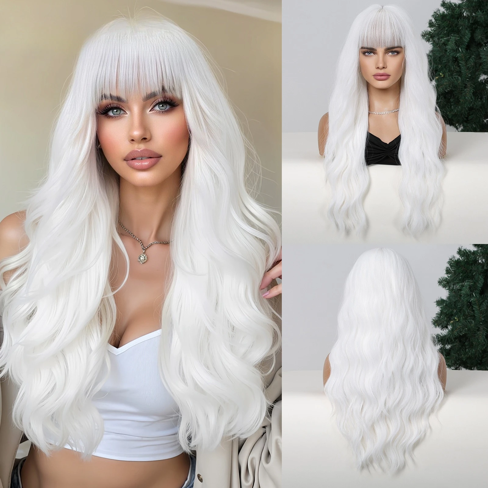 

wig European and American Qi bangs white long curly hair festive atmosphere dopamine cos full headgear