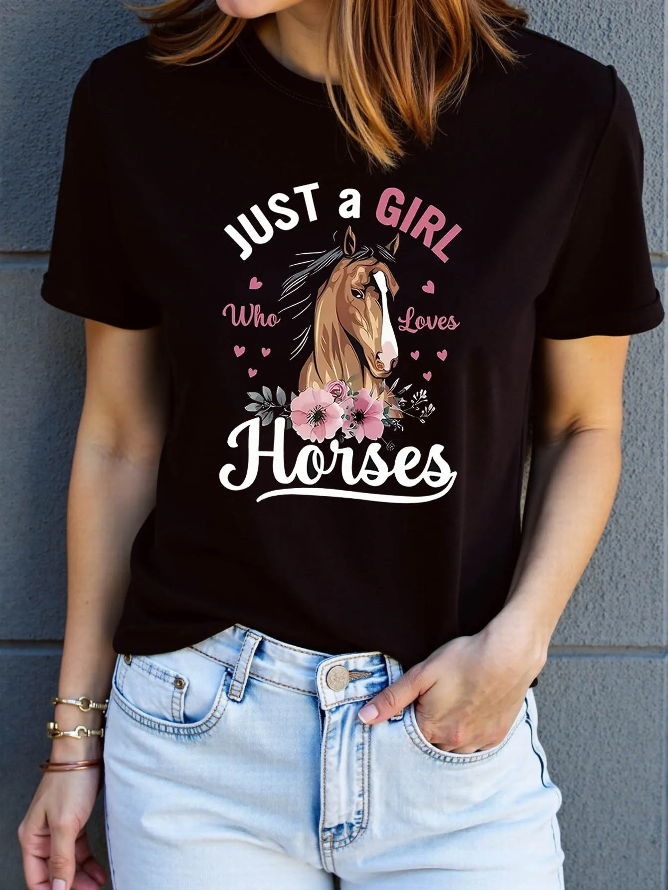 Just A Who Loves Horses Graphic Print T Shirt Women Spring Summer Short Sleeve Crew Neck Casual Tops Daily Leisure Holiday Gift