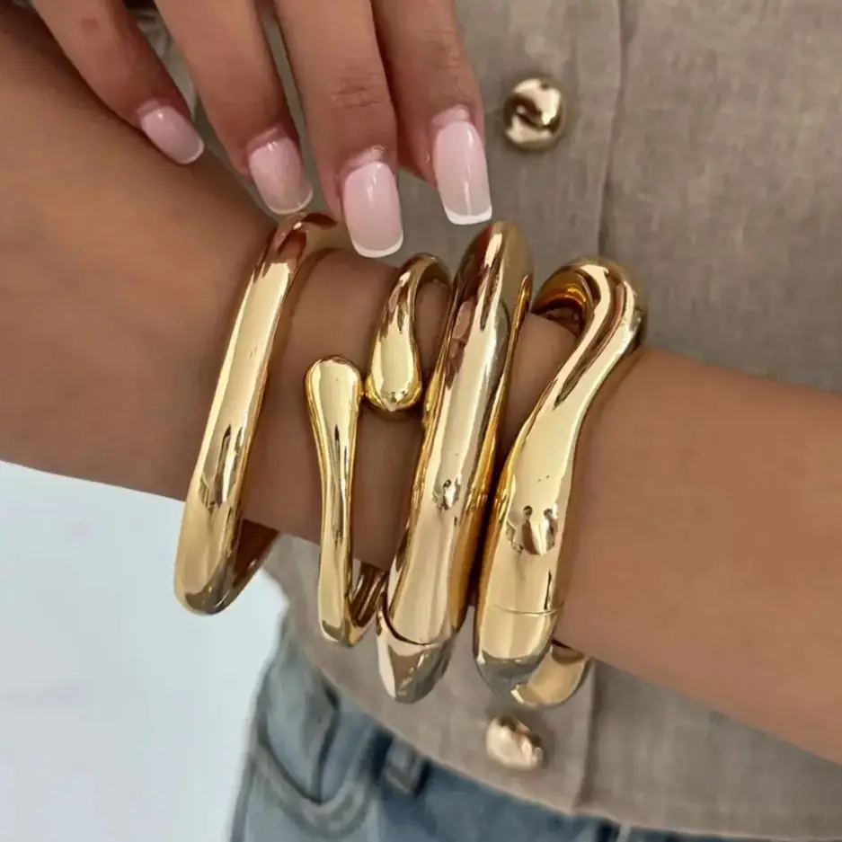 SHIXIN 4 Styles HipHop Irregular Geometric Metal Bangles for Women Creative Smooth Stacked Spring Opening Bracelet Party Jewelry