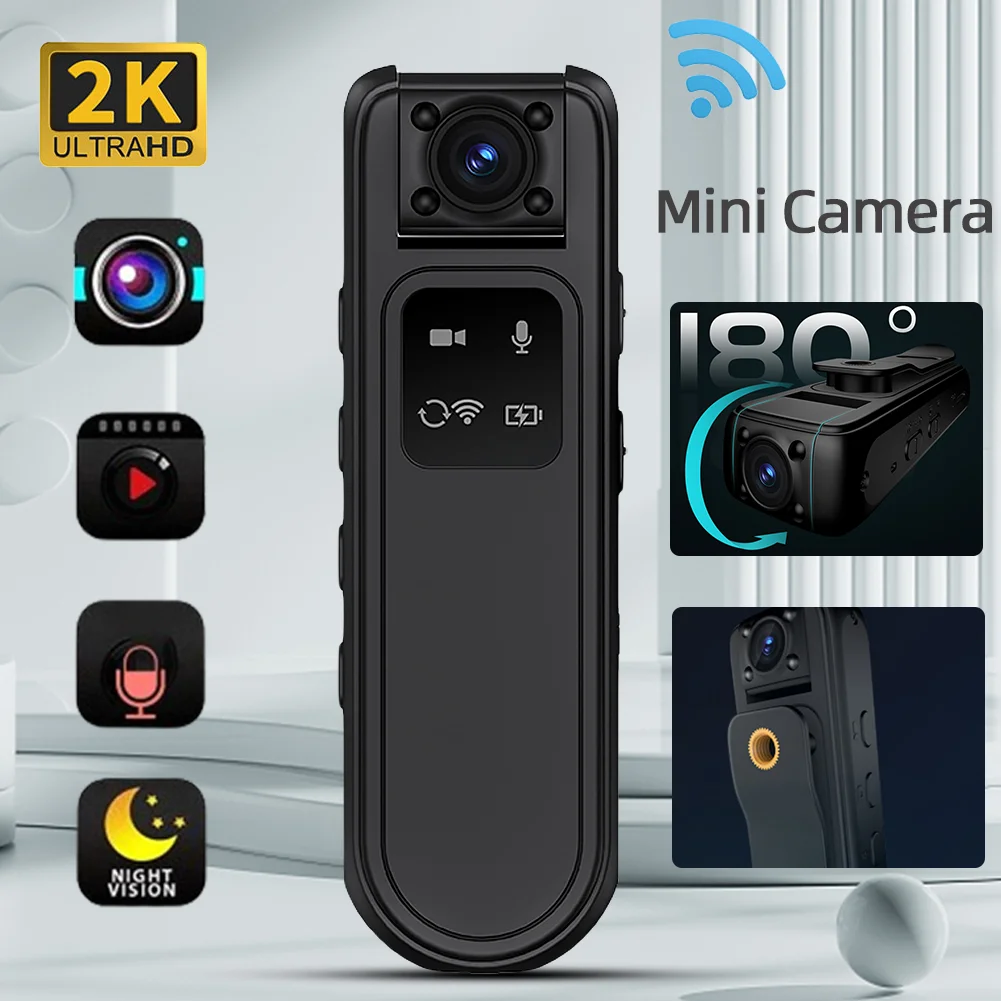

Mini HD 2K Camera Infrared Night Vision WiFi Police Body Cam with 180 Rotatable Lens Small Body Worn Cam for Home Outdoor Office