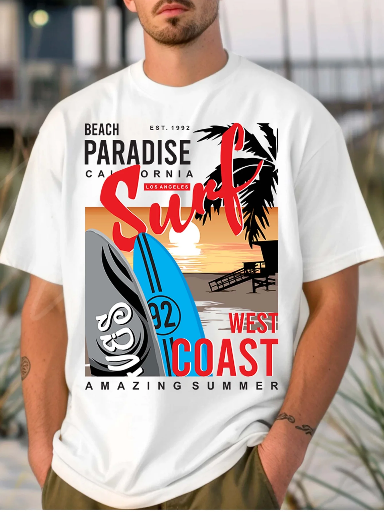 Camiseta Vintage de Surf de California para Hombre - Camiseta Retro con Estampado de Tabla de Surf de 1992 con Diseño de Ropa de Playa de la Costa Oeste y Arte de Tabla de Surf