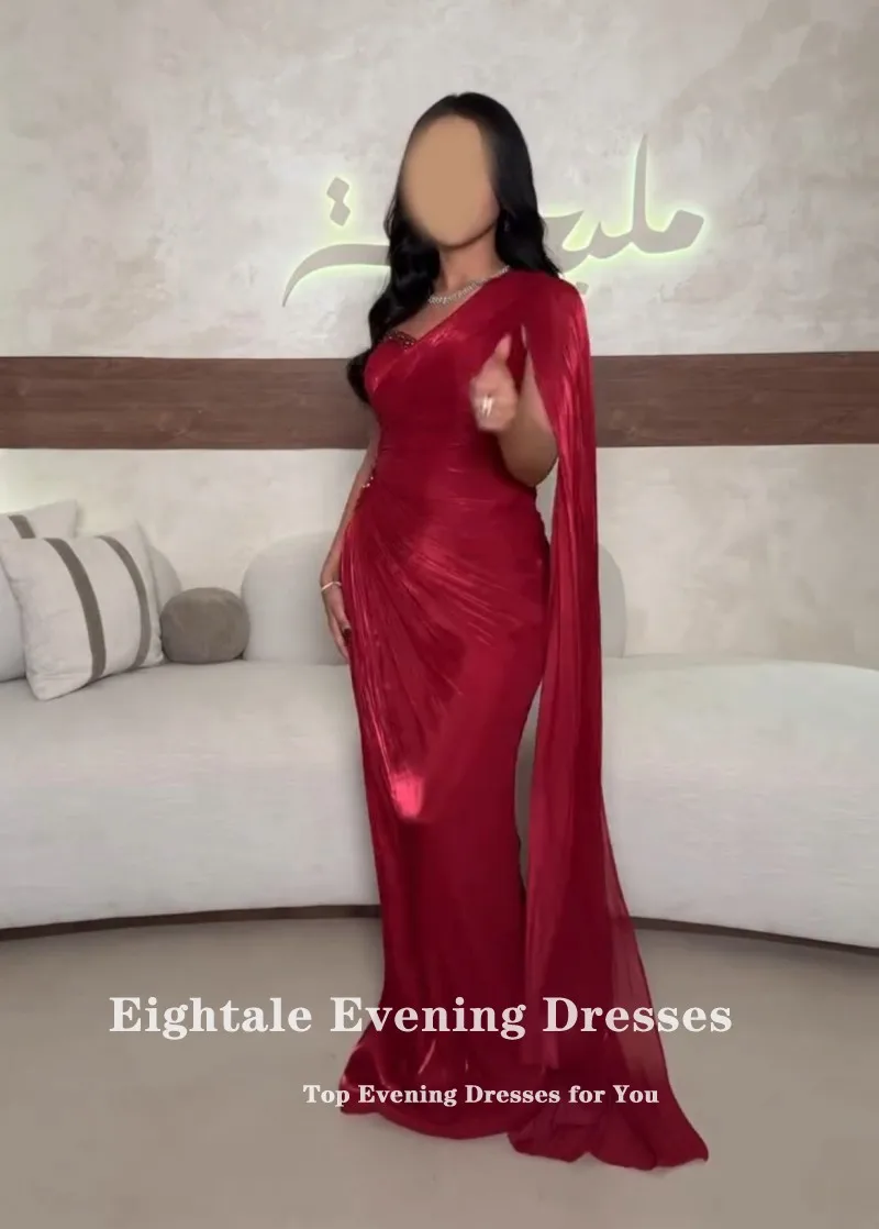 فساتين سهرة Eightale بطيات على شكل قلب طول الأرض مخصصة من الكريب مطرز بأكمام قصيرة للحفلات الراقصة فيستدو دي فييستا