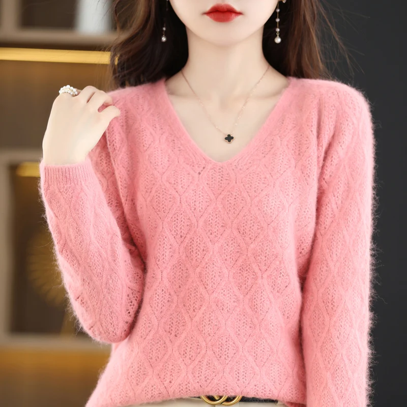 100% Mink Cashmere Women\'s Sweater Knitted Long Sleeve Pullover V-Neck Loose Underlay Soft Fashion Women\'s Top