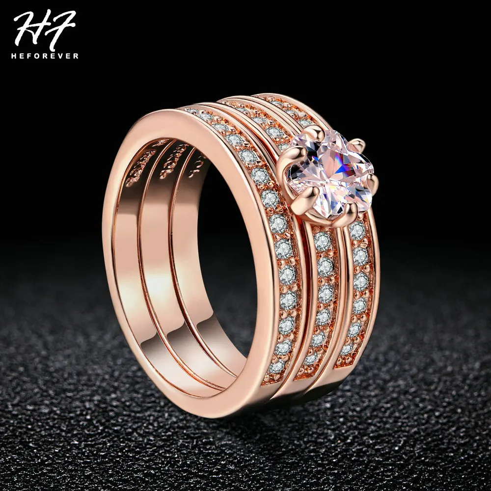 Classic 3 Round Engagement Ring Set for Women Rose Gold Color Jewelry Made with Genuine Austria Crystals Sizes HotSale R059