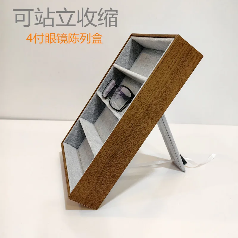 Wooden Eyeglass Jewelry Organizer 4 Compartment PU Lined Display Tray for Sunglasses Watches Accessories Solid Wood Protective