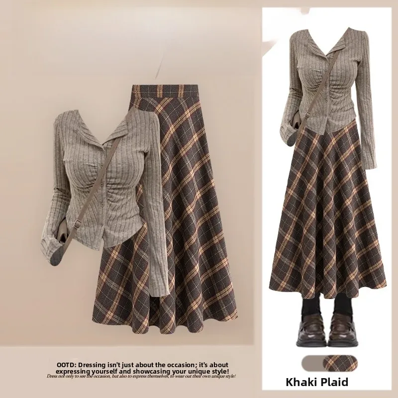 

Fall Faion High Waist Skirt Set with Long Sve V-Ne Open Cardigan Top Slimming Design Women's Casual Outfit
