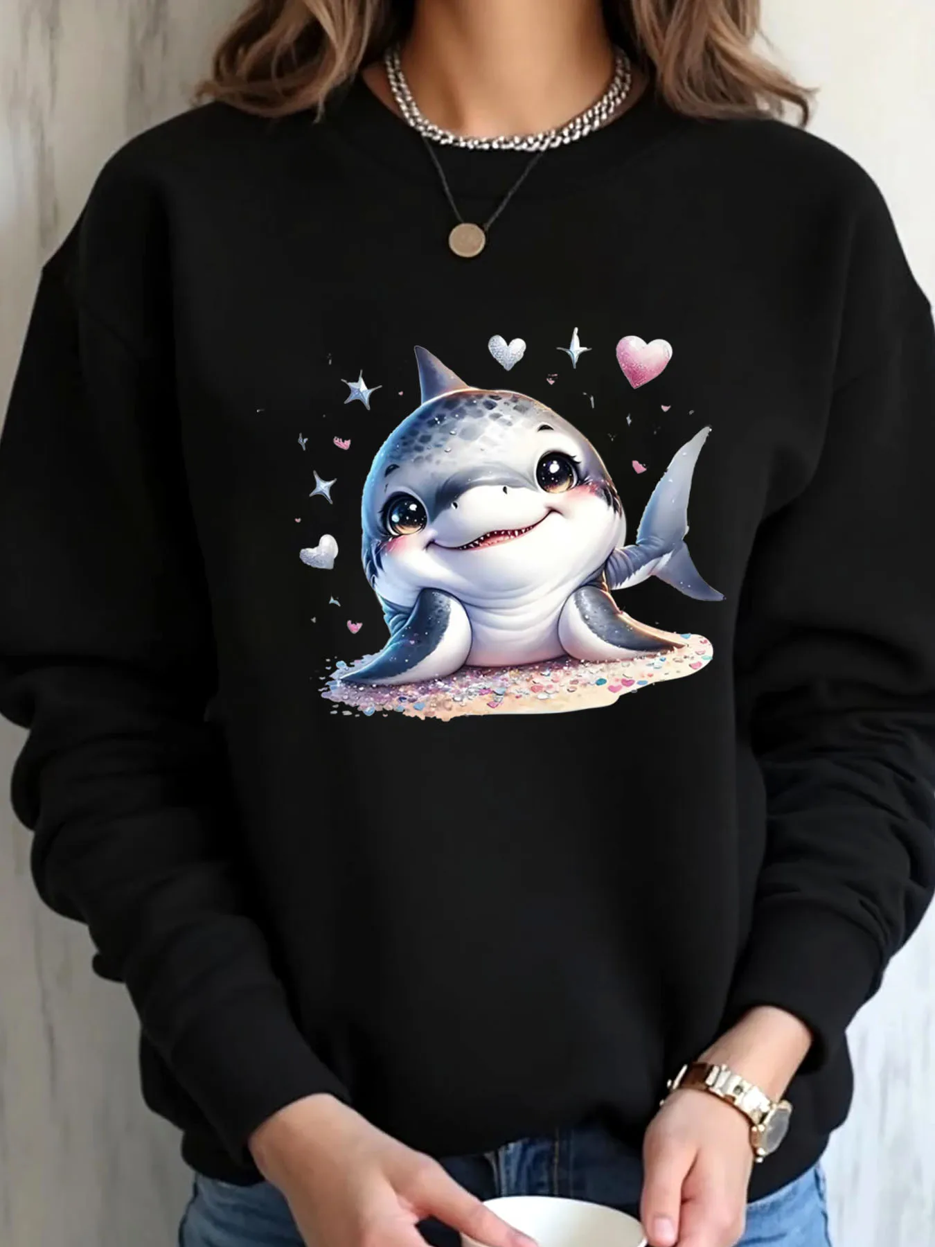 

Женская толстовка большого размера на день Святого Валентина с милым принтом дельфина, уличная одежда