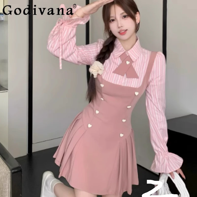 

Large Size Sweet College Two-piece Japanese Long Sleeve Dresses Girl Autumn Long Sleeve Pink Age-reducing Pleated Shirt Dress