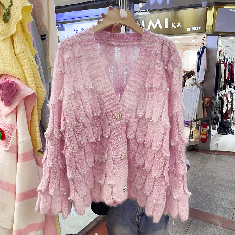 KUSAHIKI Korean 3D Feathers Knitted Fashion Rainbow Tie Dye V-neck Cardigan Coat Causal Sweater Coat Women 2023 Autumn Winter