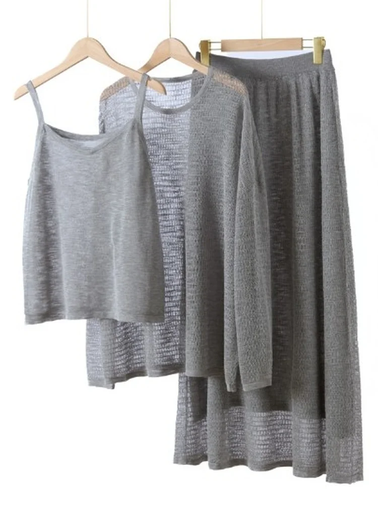 

Spring 2026 Ultra-Thin Linen Knitted Loose A-Line Skirt Hollow out Design Casual Style Women's Fashion Set Three-Piece Suit