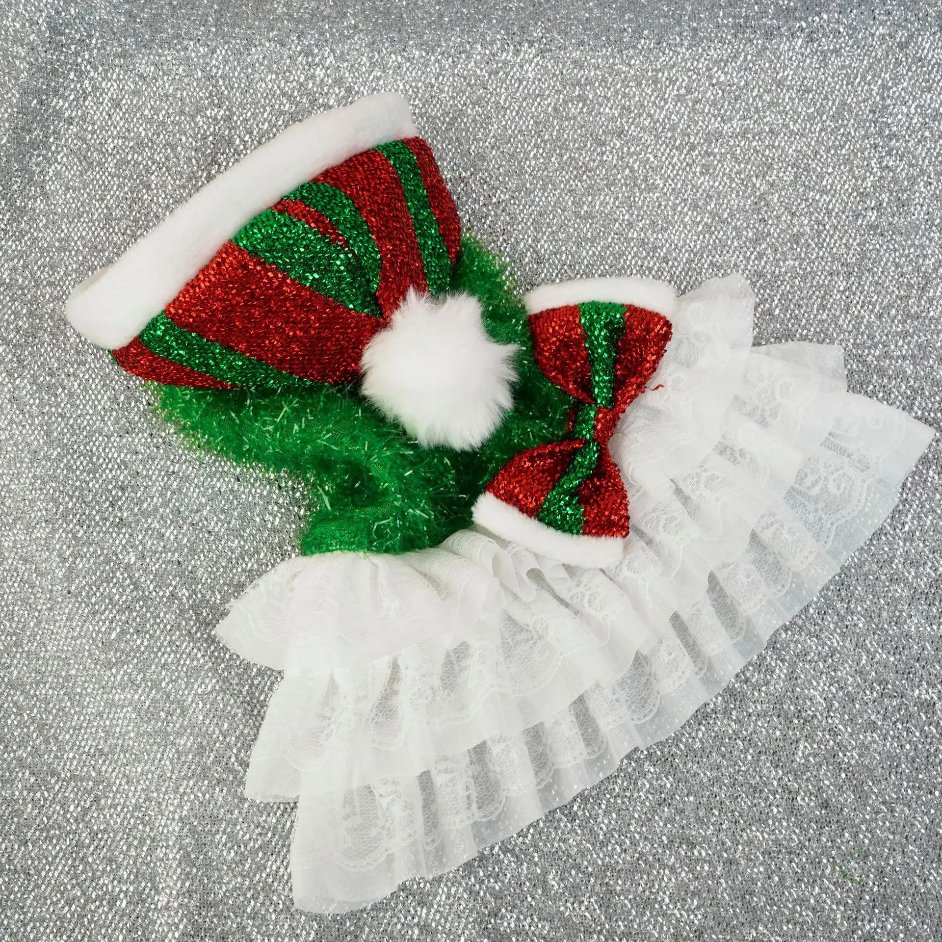 Christmas Pet Sequin Dress Dog Mesh Splicing Outer Tower Christmas Party Festive Atmosphere Hooded Christmas Hat Puppy Clothes