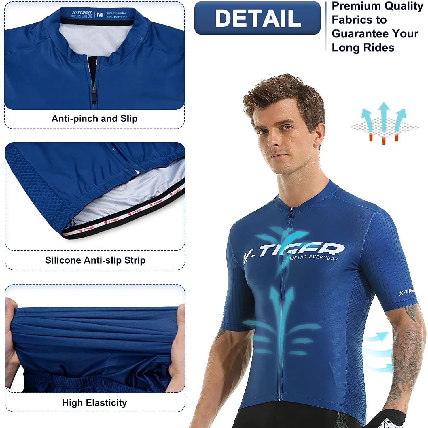 Ｘ-TIGER Men's Cycling Jerseys SPF 50+ Slim Fit Short Sleeve 4 Rear Pockets Moisture Wicking Breathable Quick Dry Biking Shirt