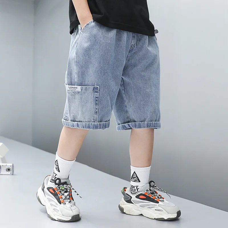 

1pcs Summer Thin New Boys Denim Shorts Kids Solid Color Fashion Cool Pants Children Elastic Casual Pocket Five Quarter Shorts