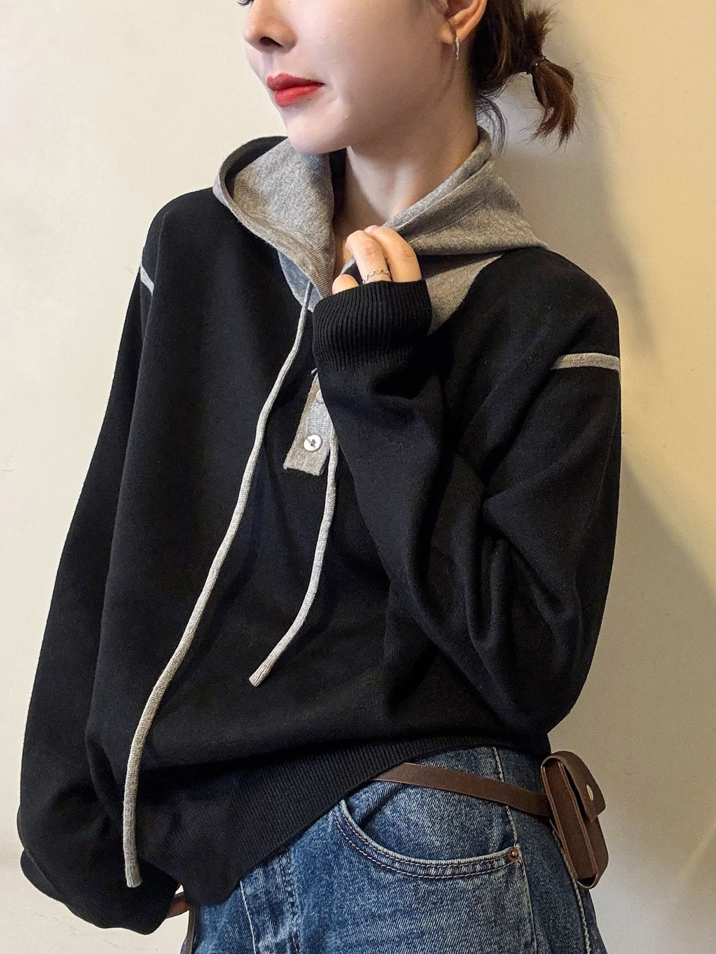 Suéter de Cachemira con Capucha y Diseño de Bloques de Color Invernal, Estilo Coreano Informal, Moda para el Trabajo, Manga L...