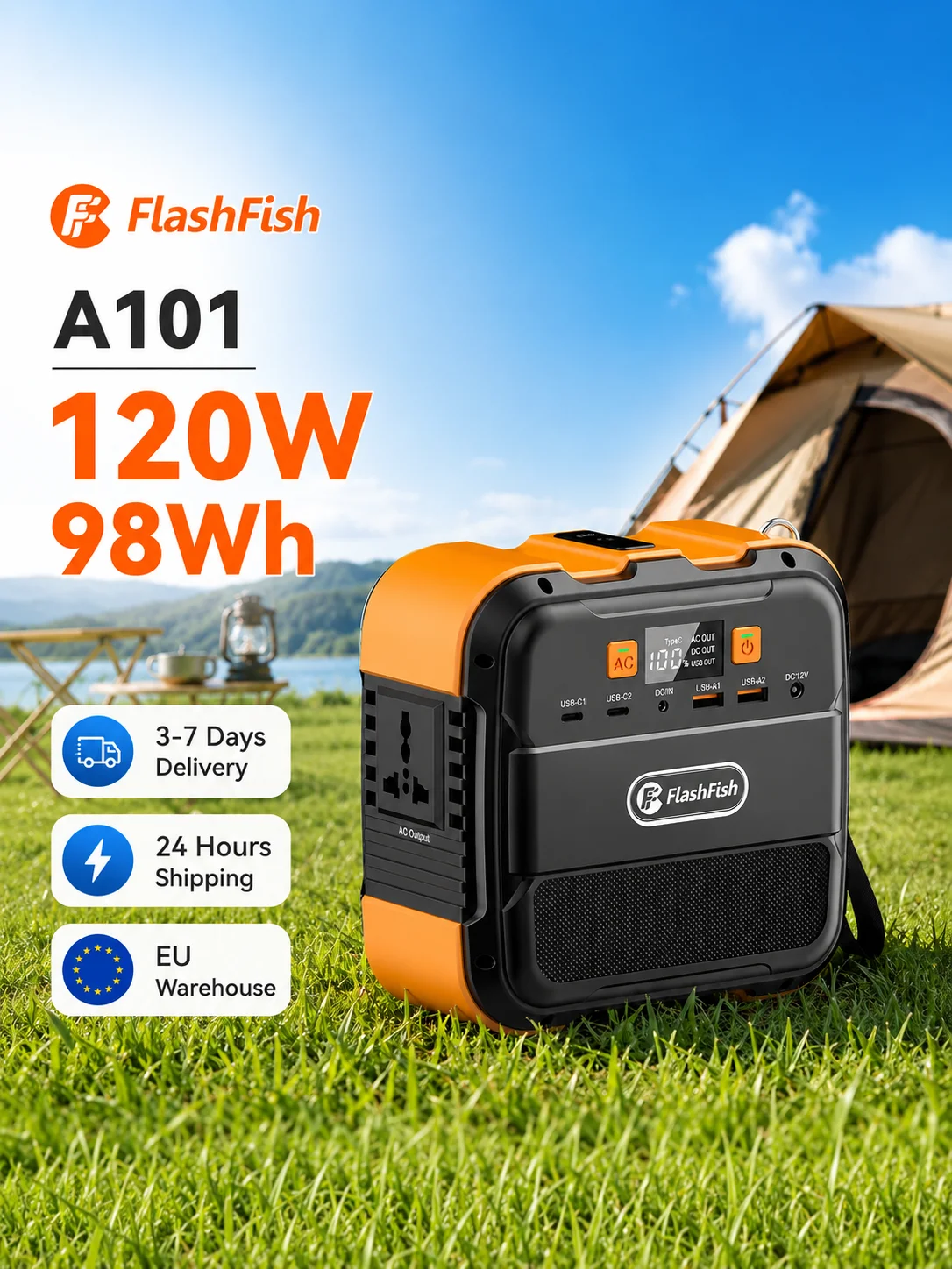 Tragbare Powerstation FlashFish A101 120W Spitzenleistung 240W 98Wh 110V Solargenerator 800+ Zyklen Mehrfach-Ausgangsanschlüsse 4H Schnellladung für Notfälle zu Hause, Camping, Wandern, Reisen