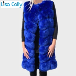 Women 90CM Autumn Winter Coat Overcoat Furry Sleeveless Long Faux Fur Vest Thick Fake Fur Coat Furs Jacket Two Pockets