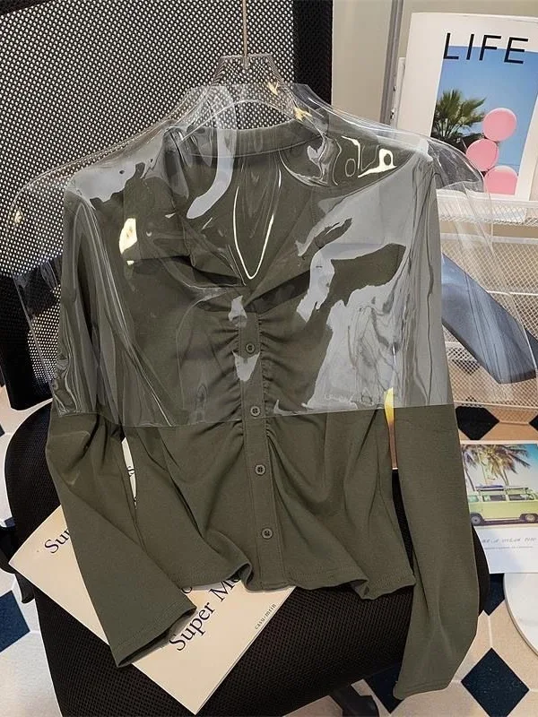 

Slimming Long Sve irt Women's Casual Sle Loose Fit Waist-Cinching Pleated Design Early Autumn Faion plus Size Top