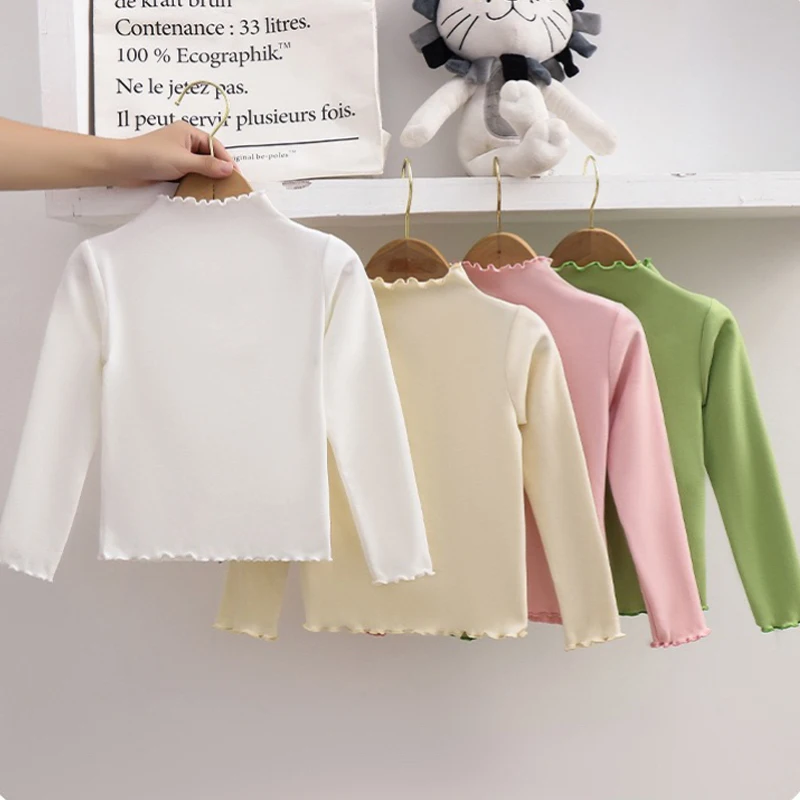 1pcs Spring Autumn Children's T-Shirts Solid Color Tops Kids Half High Collar Long Sleeve Base Shirt Girls Tshirts Clothes