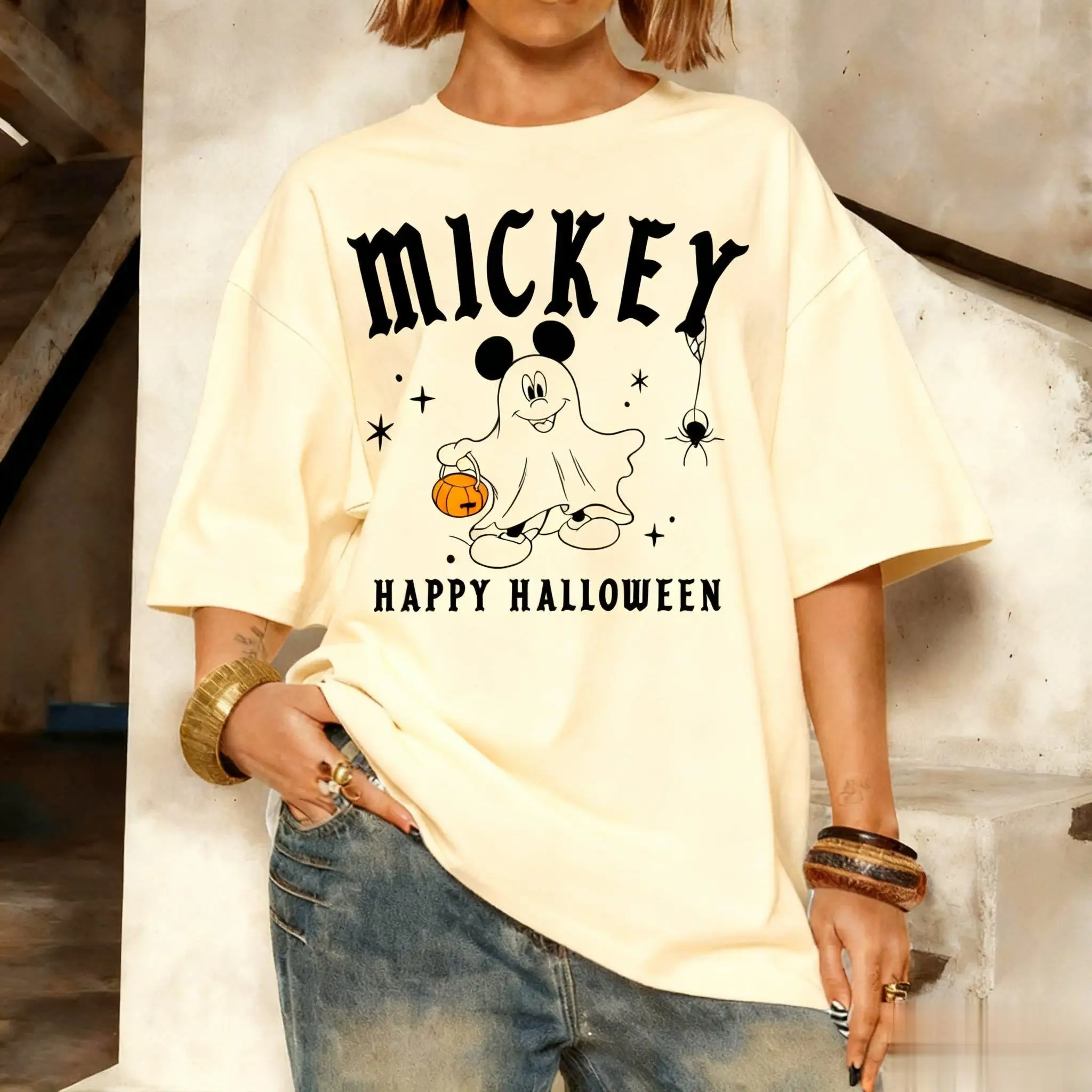 Mickey traje de halloween t camisa das mulheres dos homens 2025 outono solto streetwear oversized casual topo engraçado dos desenhos animados impressão disney presente ​ ​