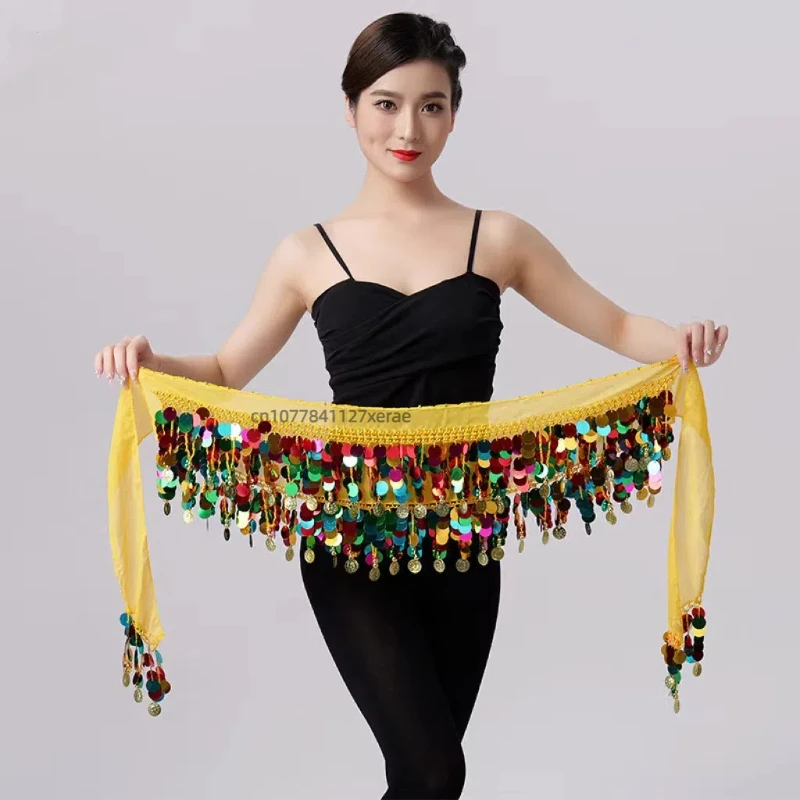 Цепочка на талию для танца живота, красочные блестки, медные монеты Гонга, женское выступление на сцене, поясная цепочка для фестивальной практики